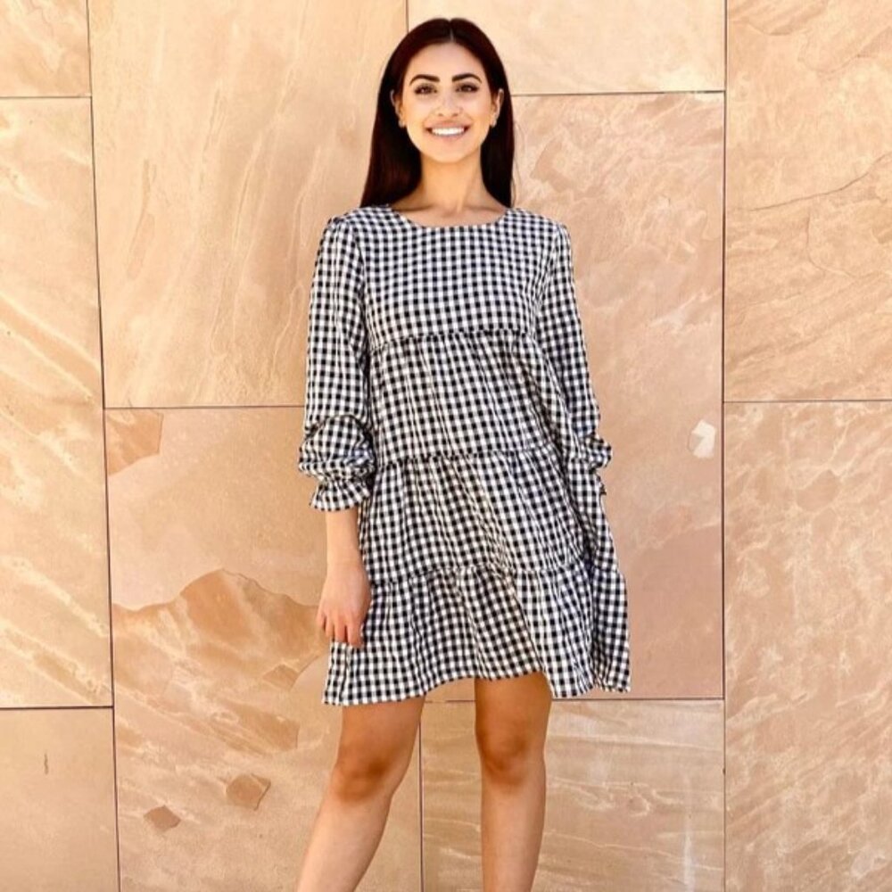 Anna-Kaci NEW Black White Gingham Check Tiered Long Sleeve Mini Dress M L XL
